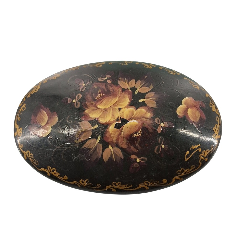 Vintage Russian Lacquer Brooch‎ Hand Painted Black Gold Floral Oval Pin